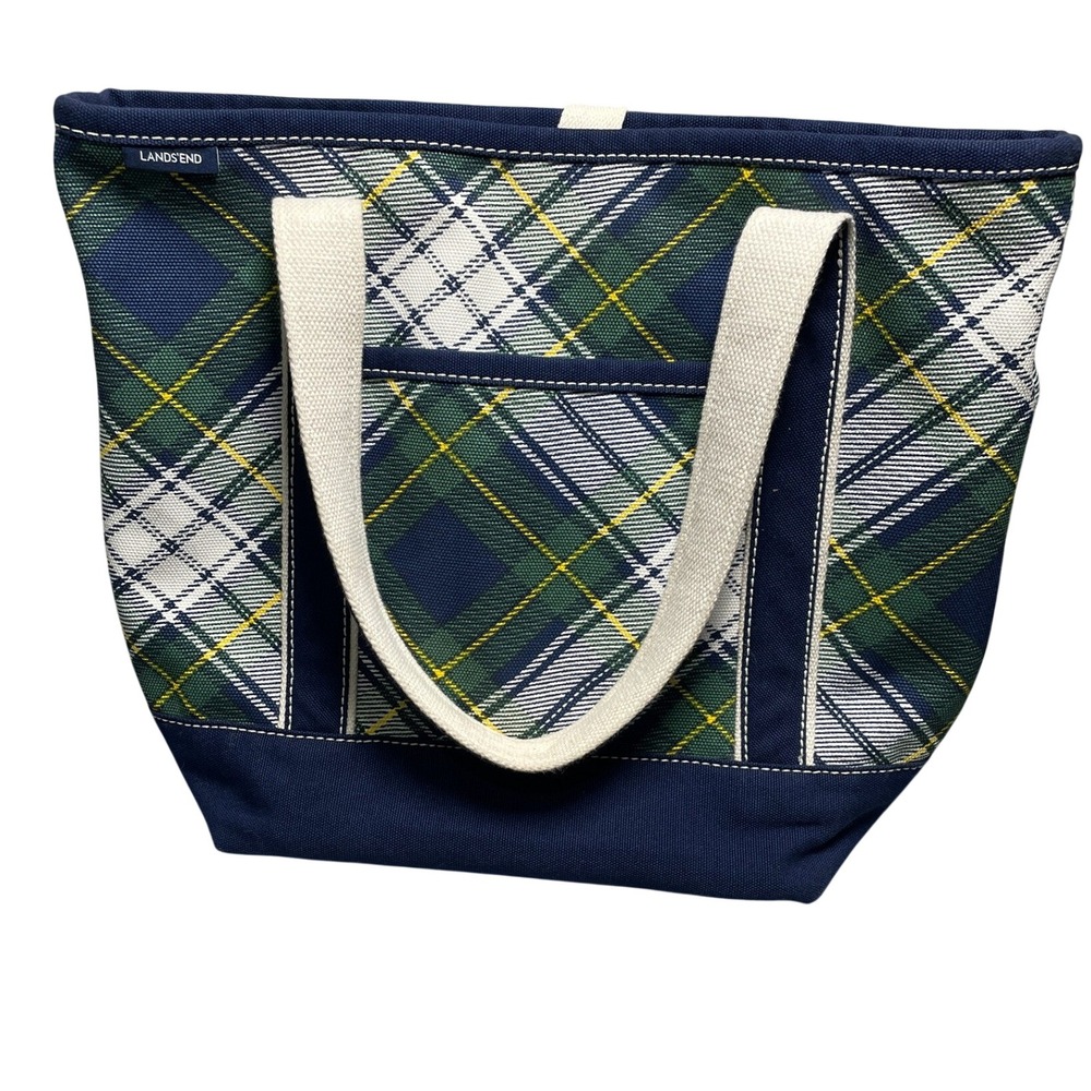 Lands End Tote Bag Women Medium Blue Green Plaid Canvas Wristlet Set Preppy